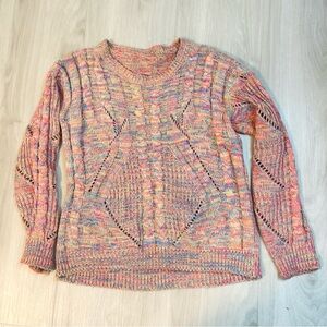 Pink multicolor cable knit sweater yellow blue pullover size medium